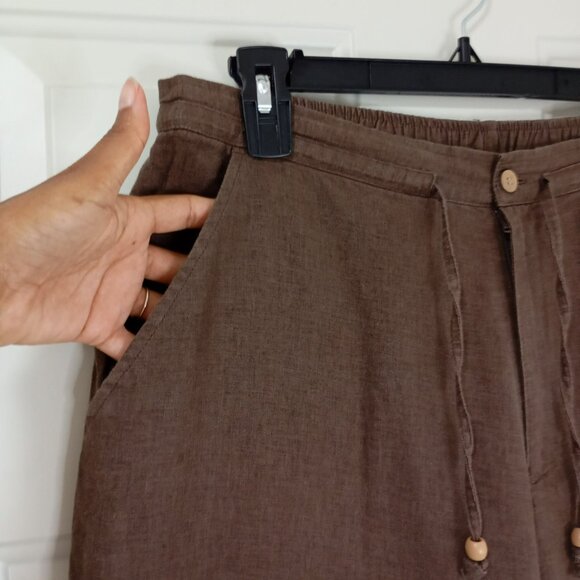 Erika Pants Womens Brown Linen-Blend Relaxed Fit Elastic Waist & Drawstring - Picture 3 of 8